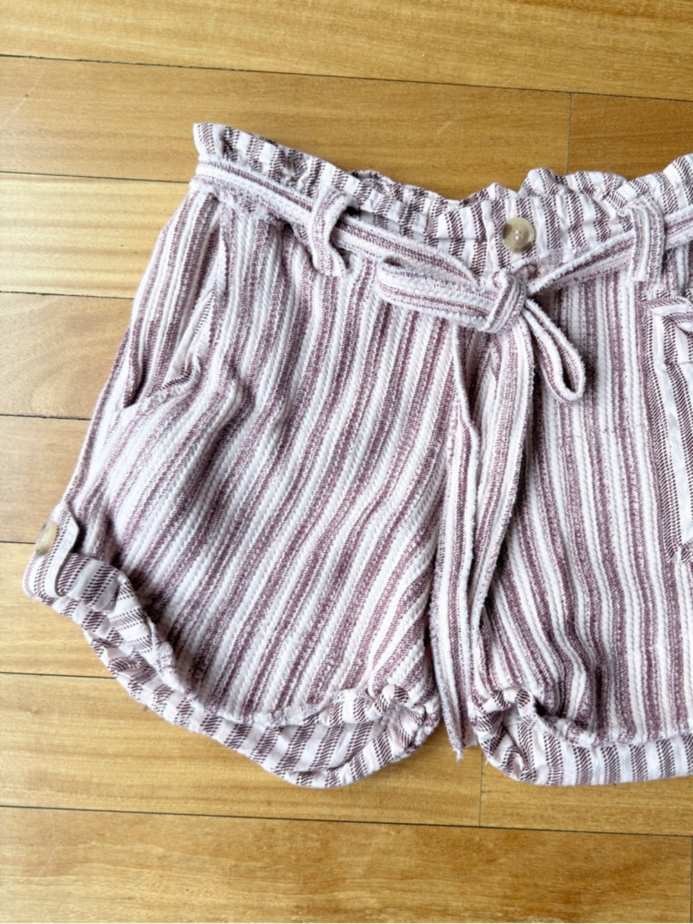 Free People Mauve & White Striped High Waist Tie-Front Shorts